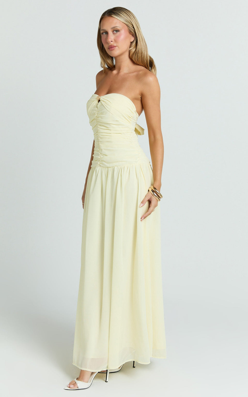 Mercy Midi Dress - Ruched Strapless Dress in Butter
