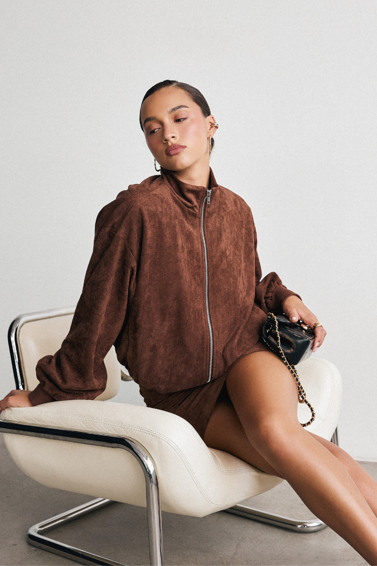 Mia Bomber Jacket - Suede Bomber Jacket in Chestnut