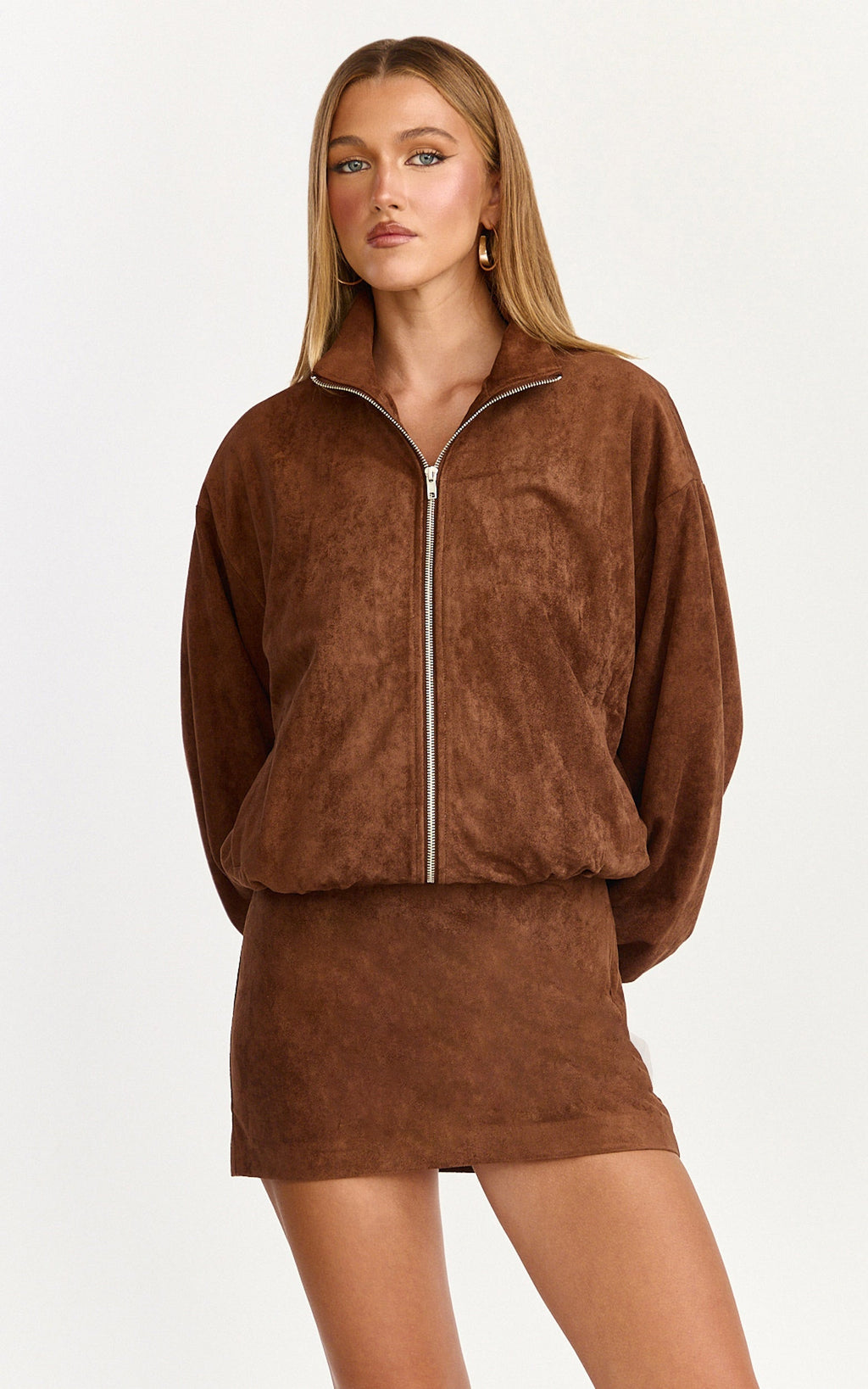 Mia Bomber Jacket - Suede Bomber Jacket in Chestnut