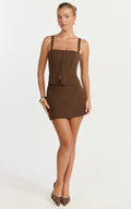 Mikey Mini Skirt - Mid Waisted Tailored A Line Skirt in Chocolate