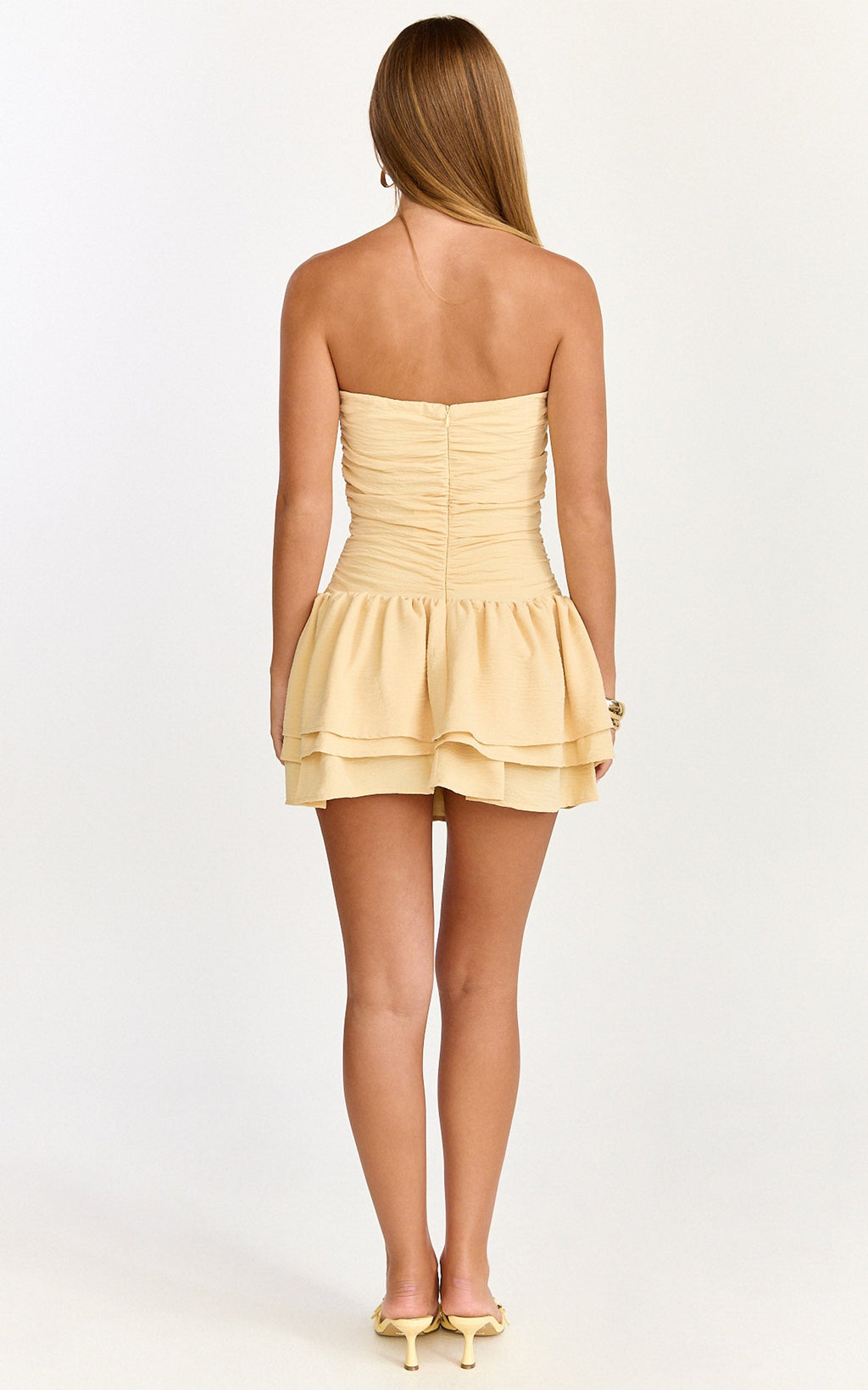 Millie Mini Dress - Strapless Gathered Frill Layered Fit And Flare Dress in Lemon