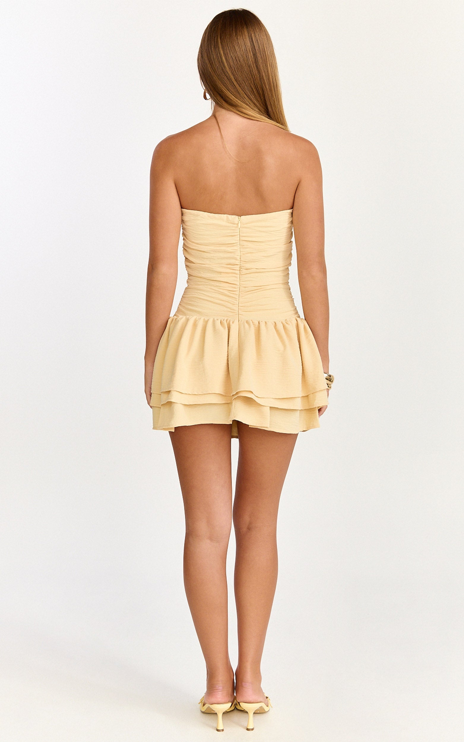 Millie Mini Dress - Strapless Gathered Frill Layered Fit And Flare Dress in Lemon