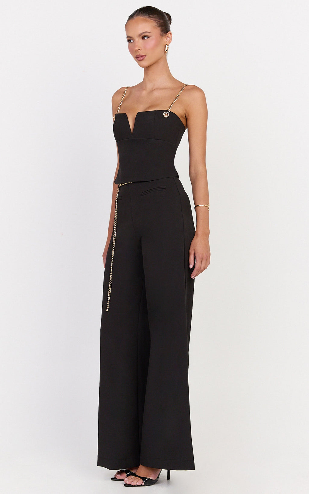 Miren Top - V Front Chain Strap Bustier Top in Black