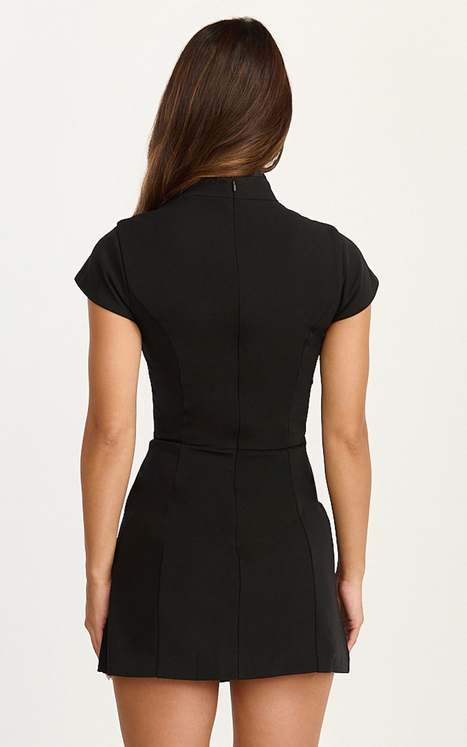 Nadia Mini Dress - Cap Sleeve Mandarin Collar Fitted Dress in Black with Black trim