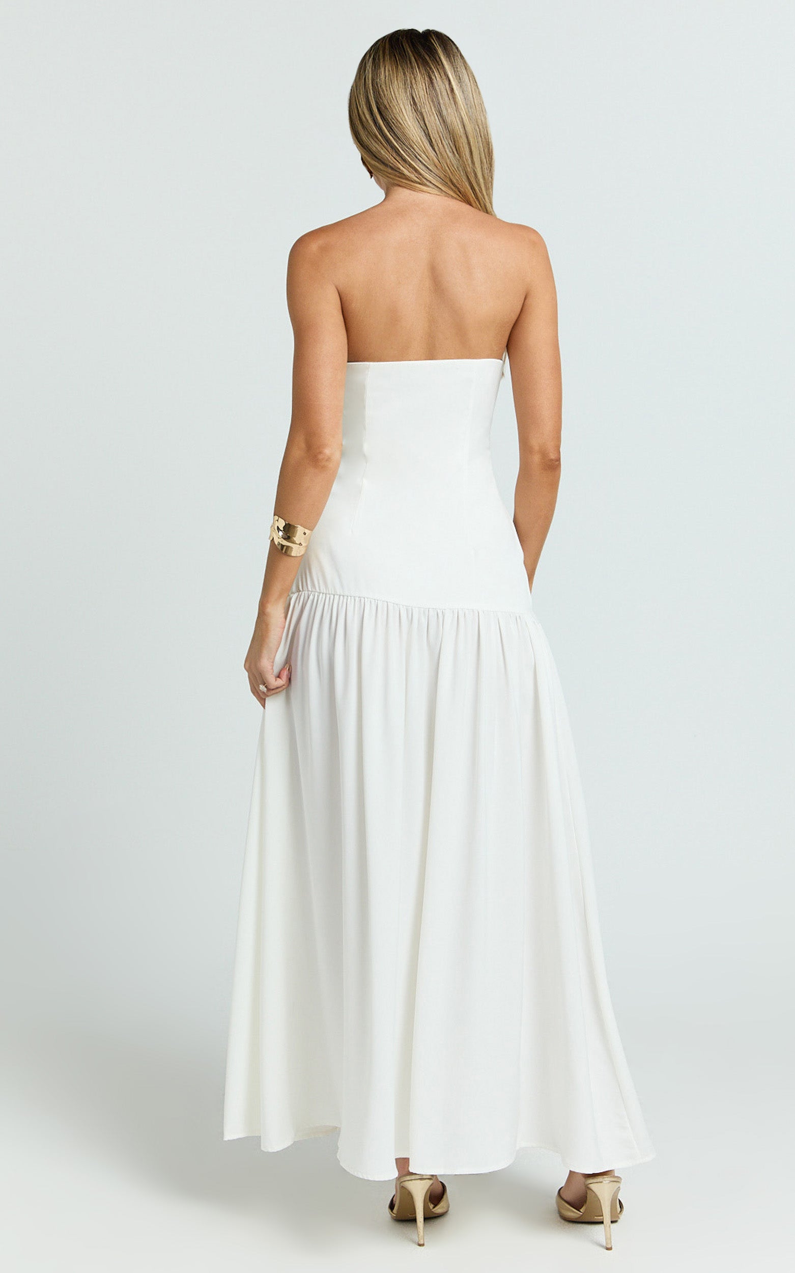 Nadiane Midi Dress - Strapless Asymmetric Drop Waist Dress in Off White
