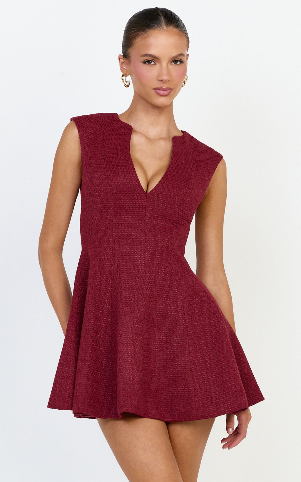 Nelson Mini Dress - Low Cut Boucle Fit & Flare Mini Dress in Wine