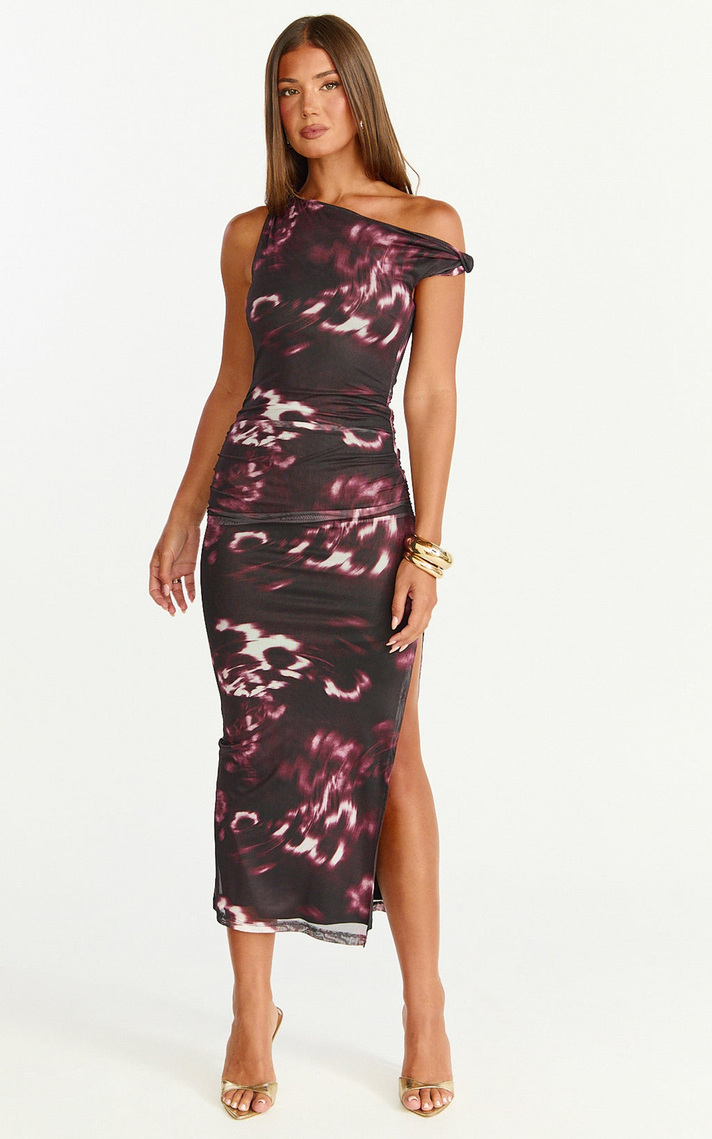 Nenita Midi Dress - One Shoulder Mesh Dress in Botanical Haze