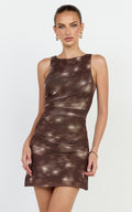 Nica Mini Dress - Mesh Boat Neck Dress in Chocolate Blurred Print