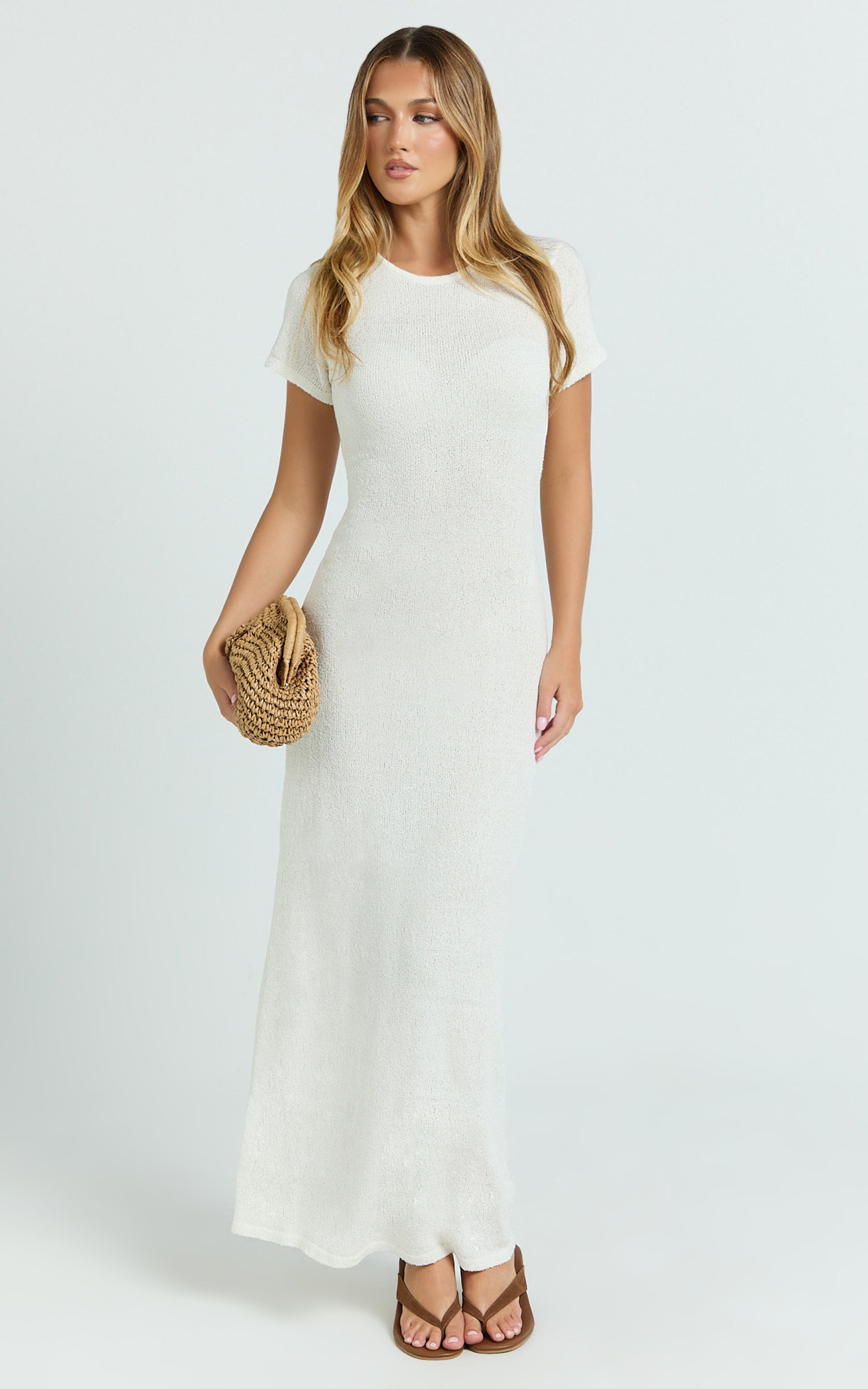 Nicole Maxi Dress - Knitted Crew Neck Short Sleeve Maxi Dress in Cream