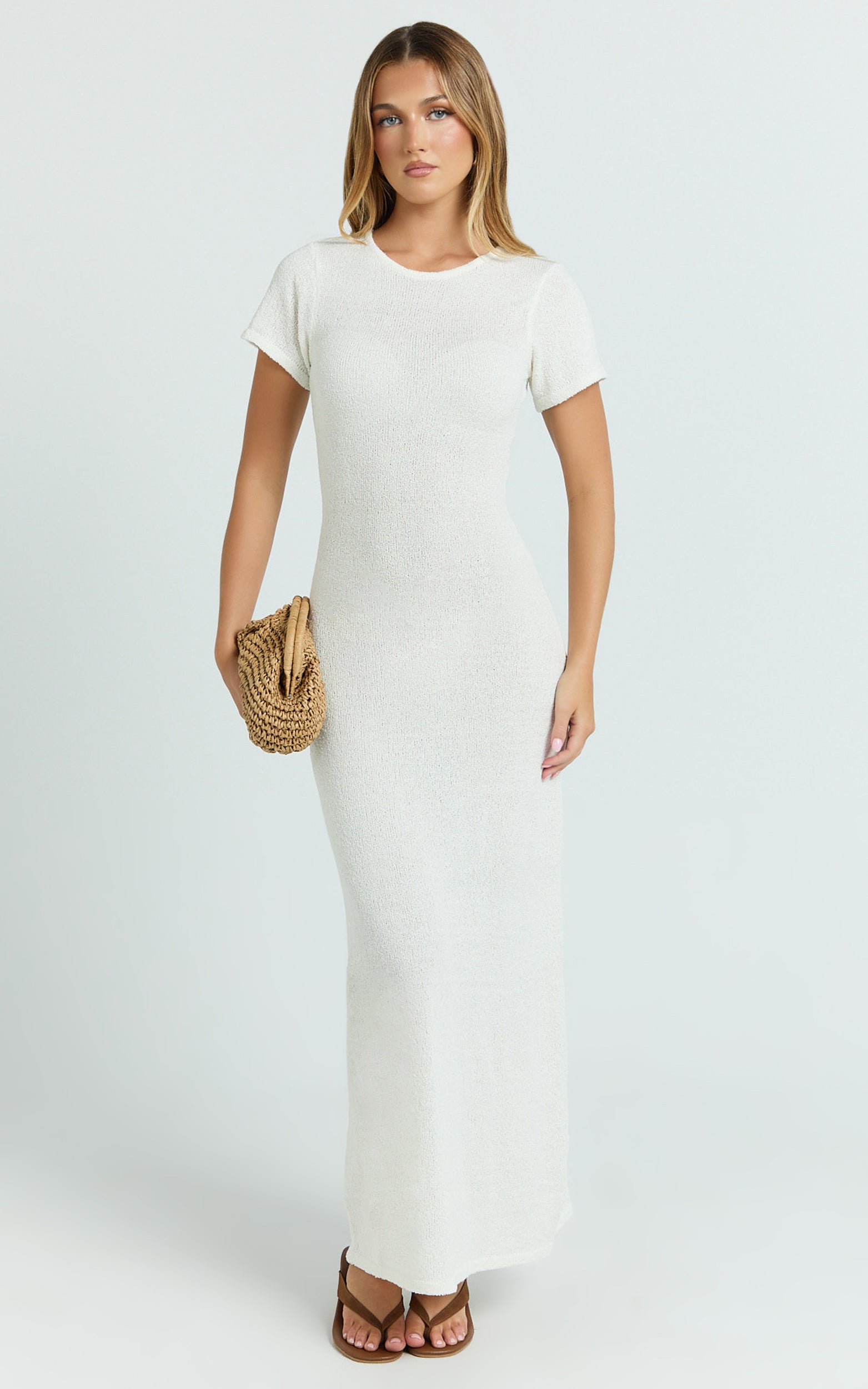 Nicole Maxi Dress - Knitted Crew Neck Short Sleeve Maxi Dress in Cream