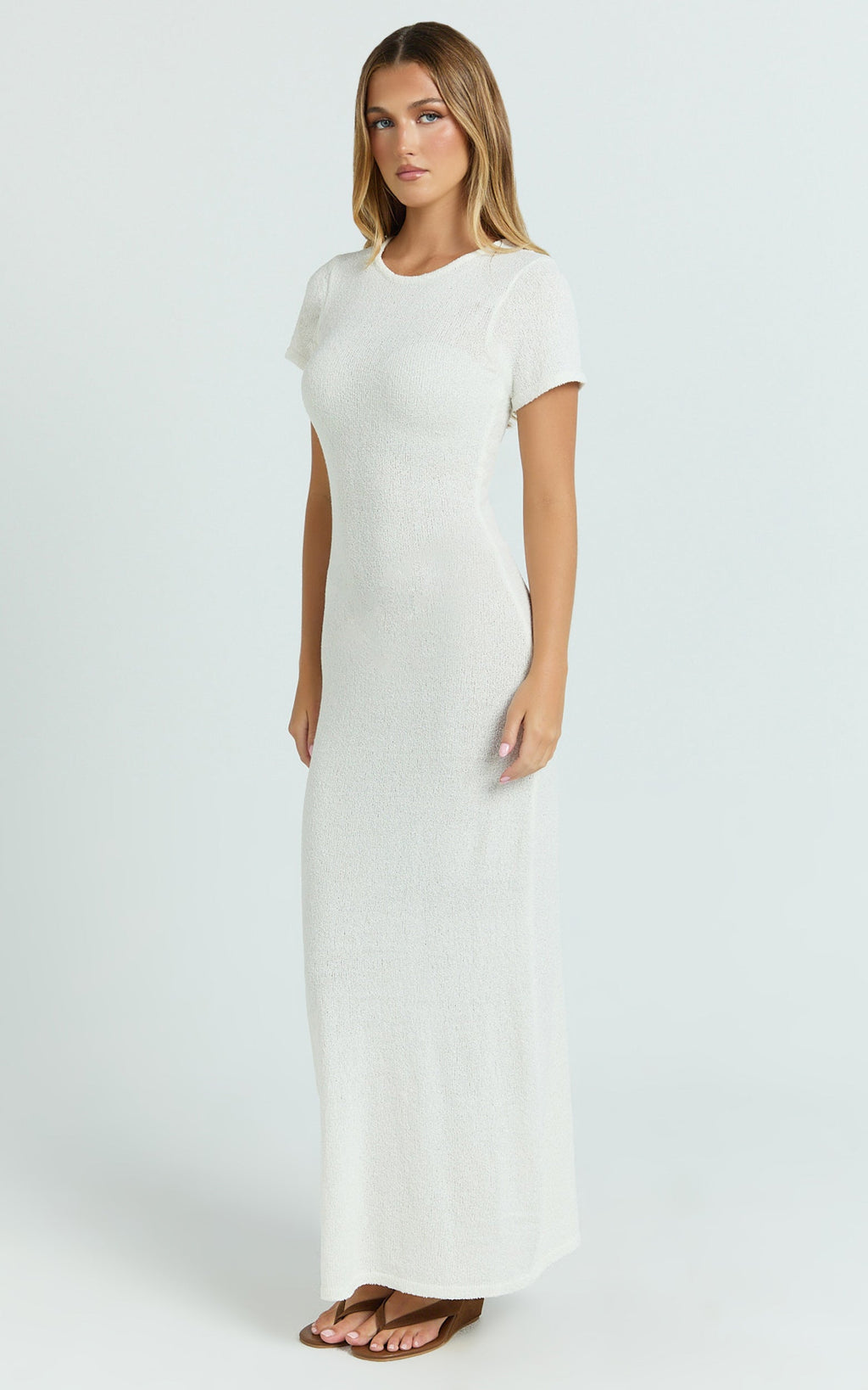 Nicole Maxi Dress - Knitted Crew Neck Short Sleeve Maxi Dress in Cream