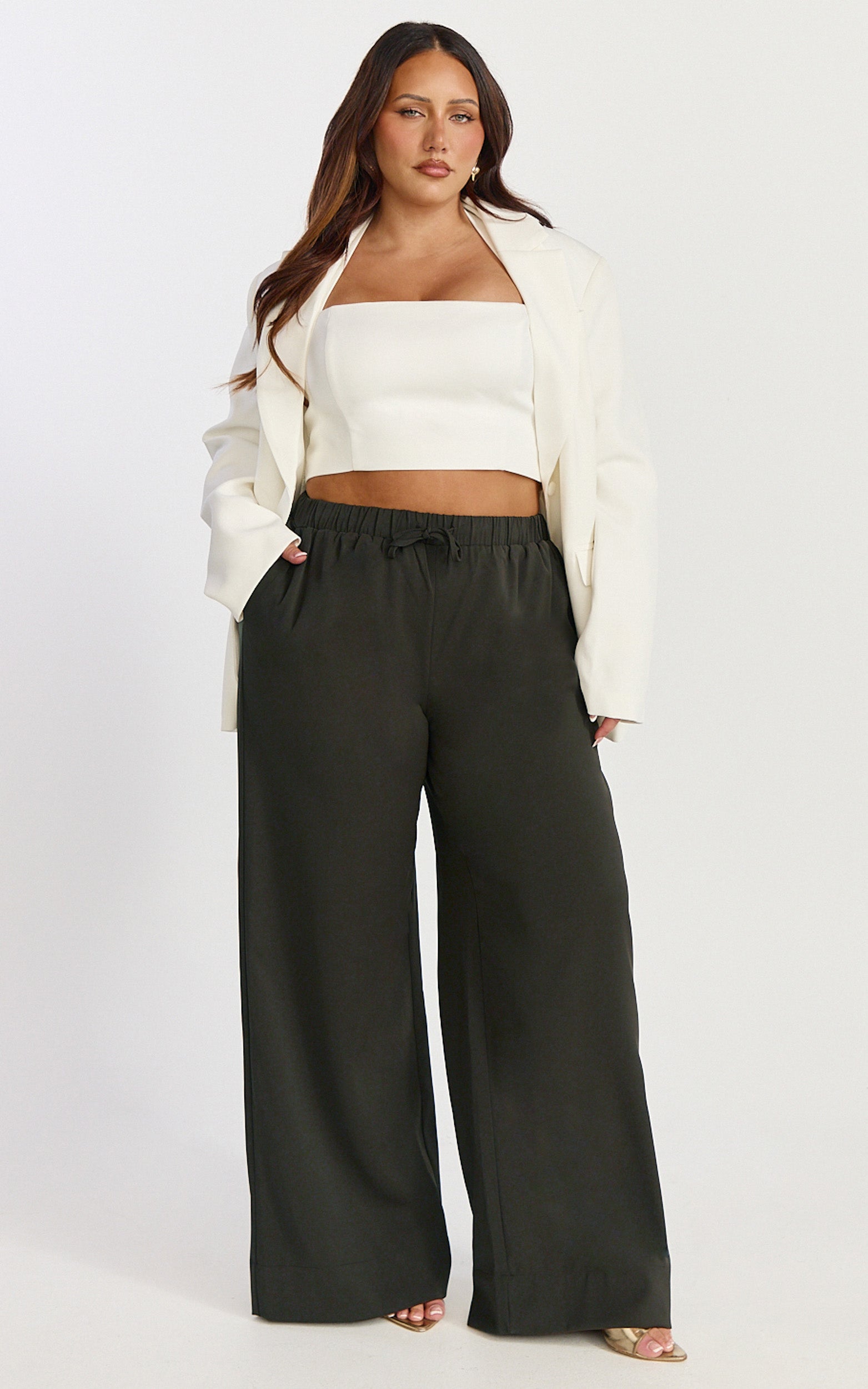 Nicole Pants - High Waist Elasticated Gathered Waist Wide Leg Pants in Chocolate
