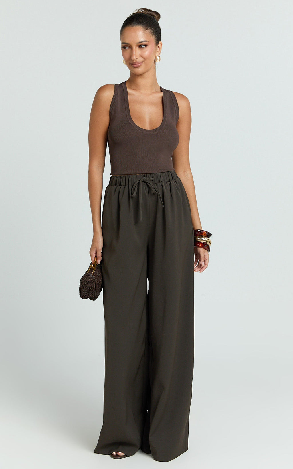 Nicole Pants - High Waist Elasticated Gathered Waist Wide Leg Pants in Chocolate
