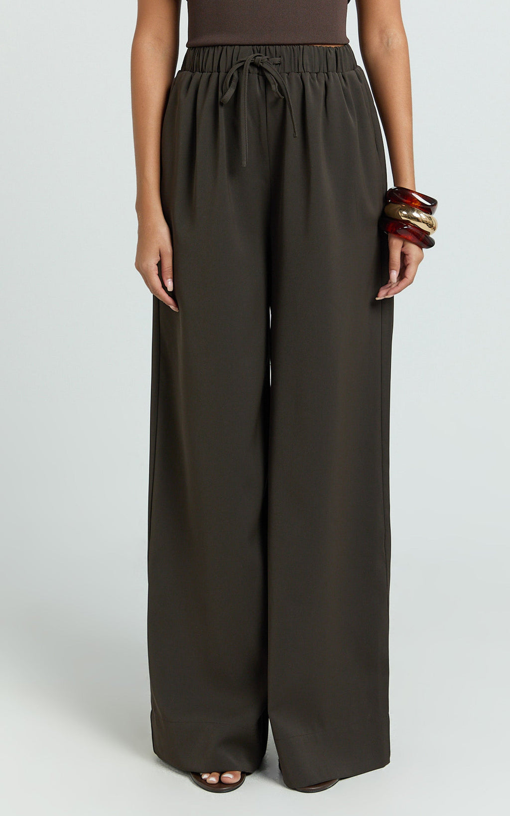 Nicole Pants - High Waist Elasticated Gathered Waist Wide Leg Pants in Chocolate