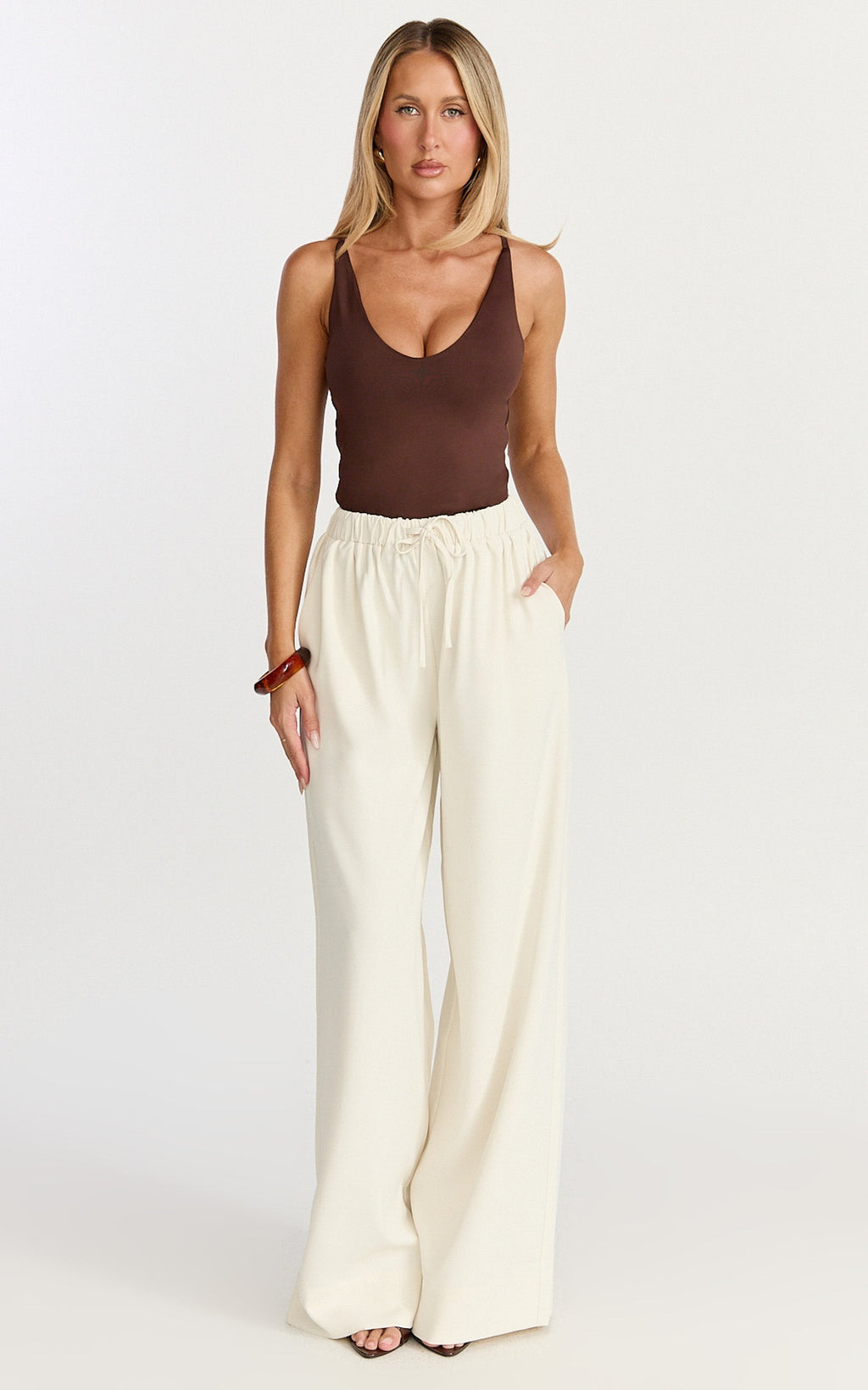 Nicole Pants - High Waist Elasticated Gathered Waist Wide Leg Pants in Cream