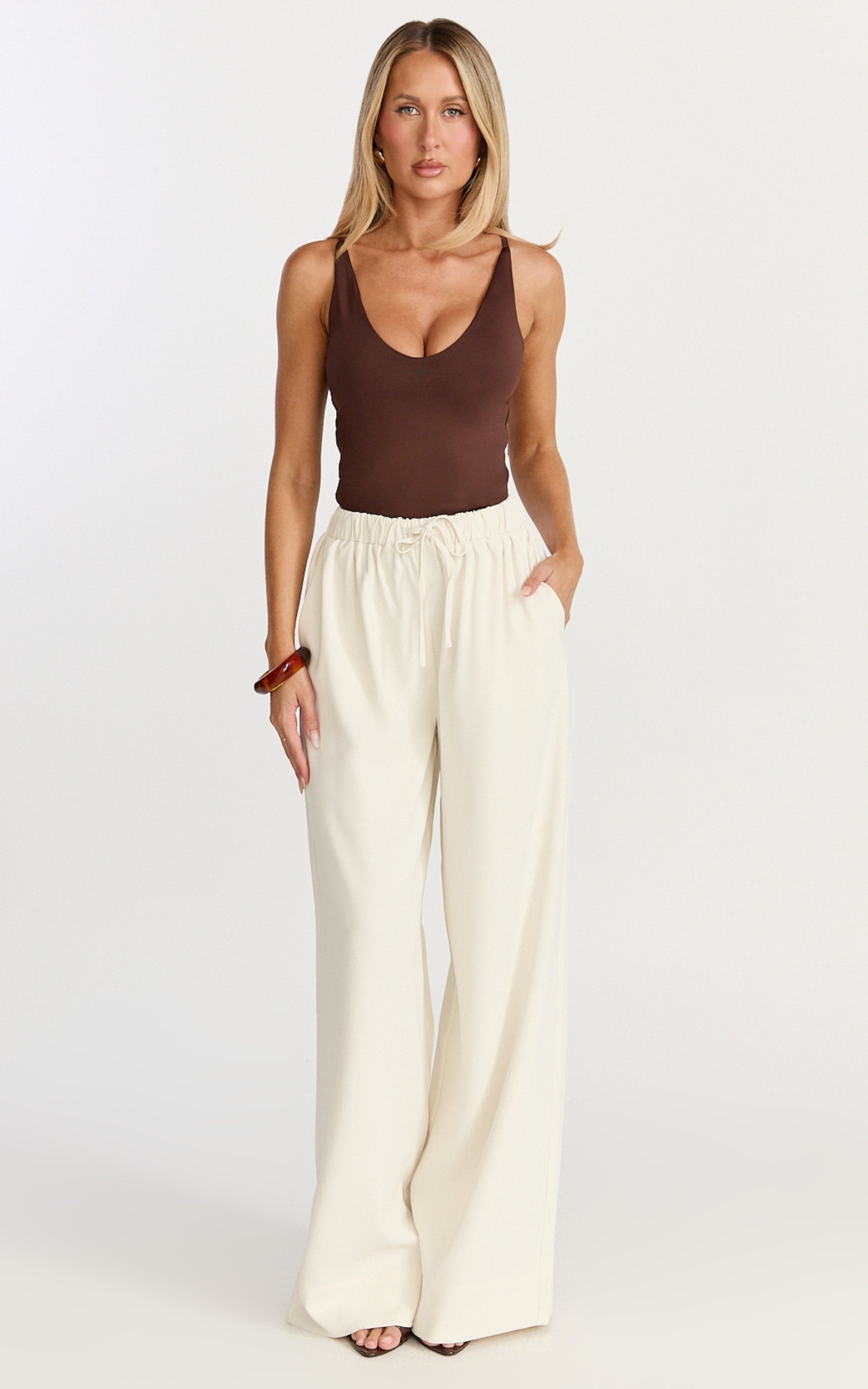 Nicole Pants - High Waist Elasticated Gathered Waist Wide Leg Pants in Cream
