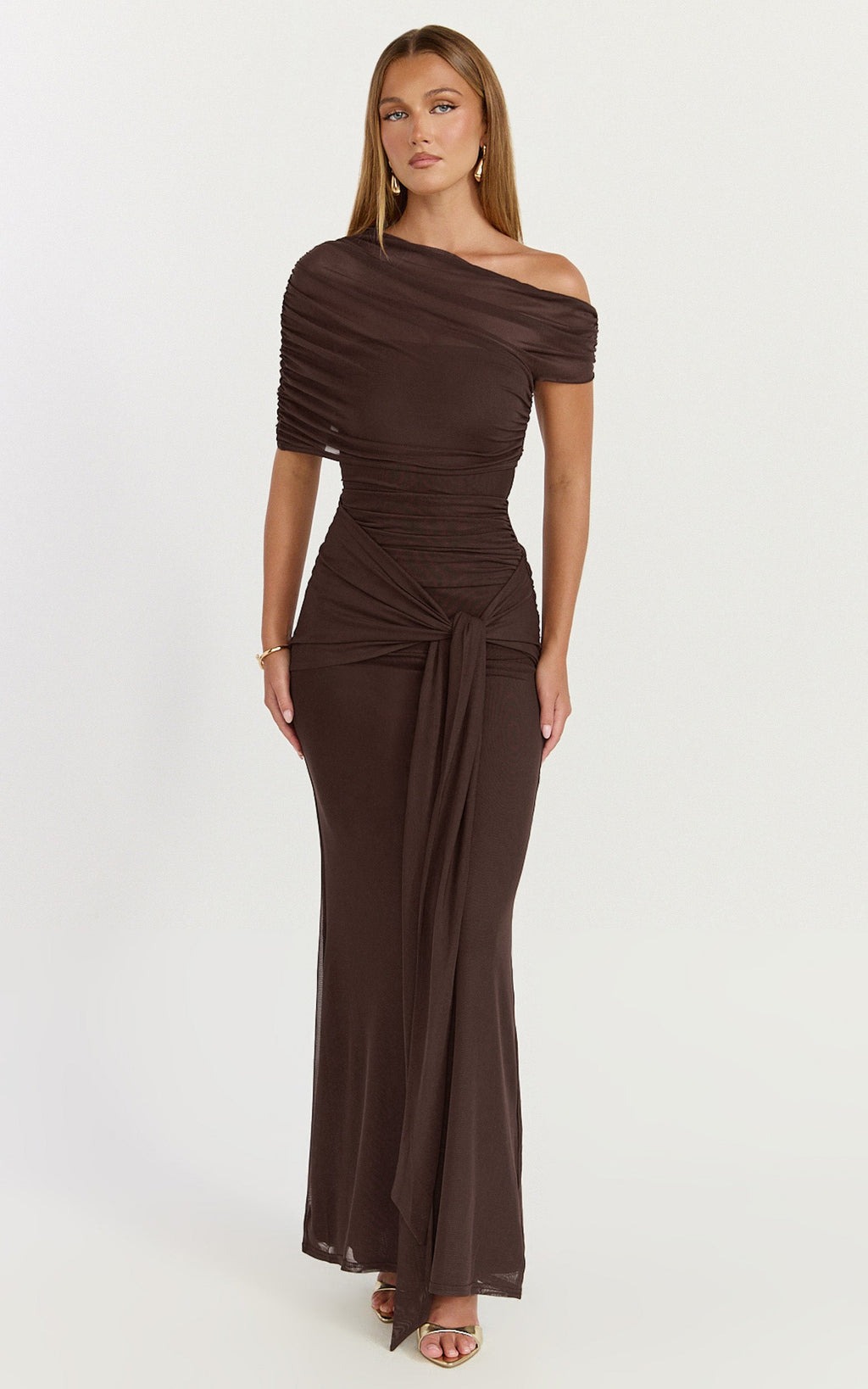 Nicolette Maxi Dress - Cape Sleeve Off Shoulder Dress in Chocolate