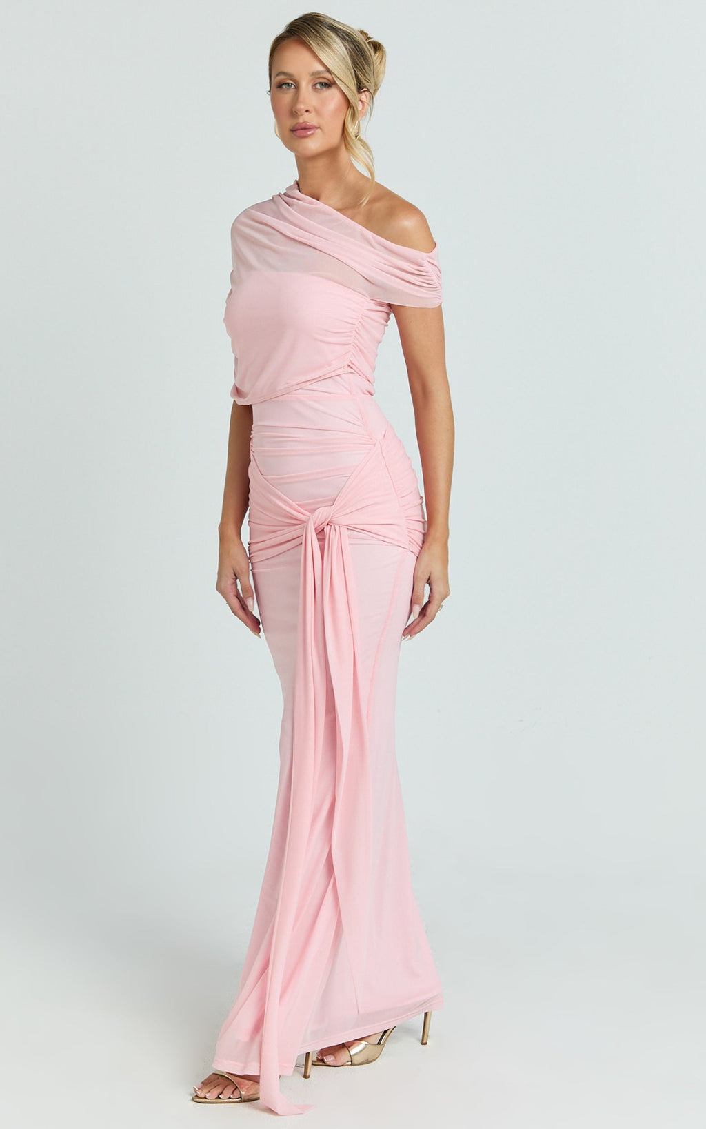 Nicolette Maxi Dress - Cape Sleeve Off Shoulder Dress in Pink
