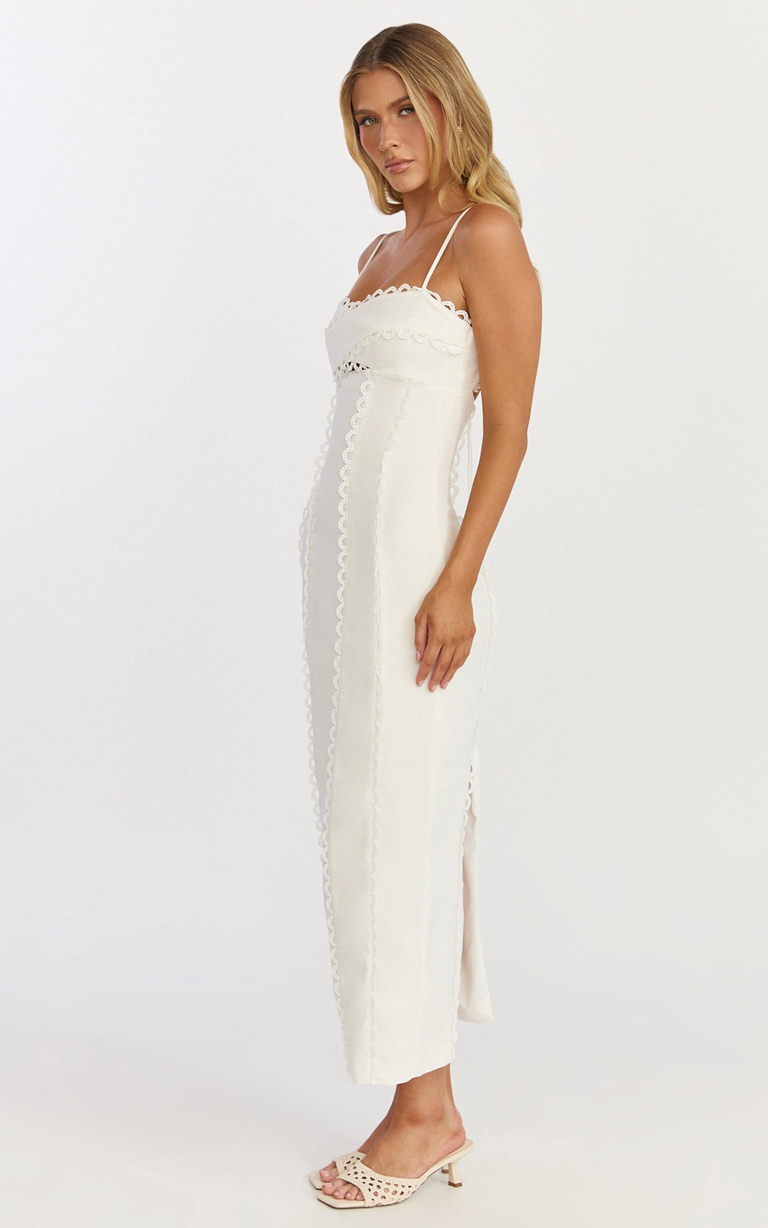 Nikki Midi Dress - Scallop Edge Front Split Column Dress in Off White