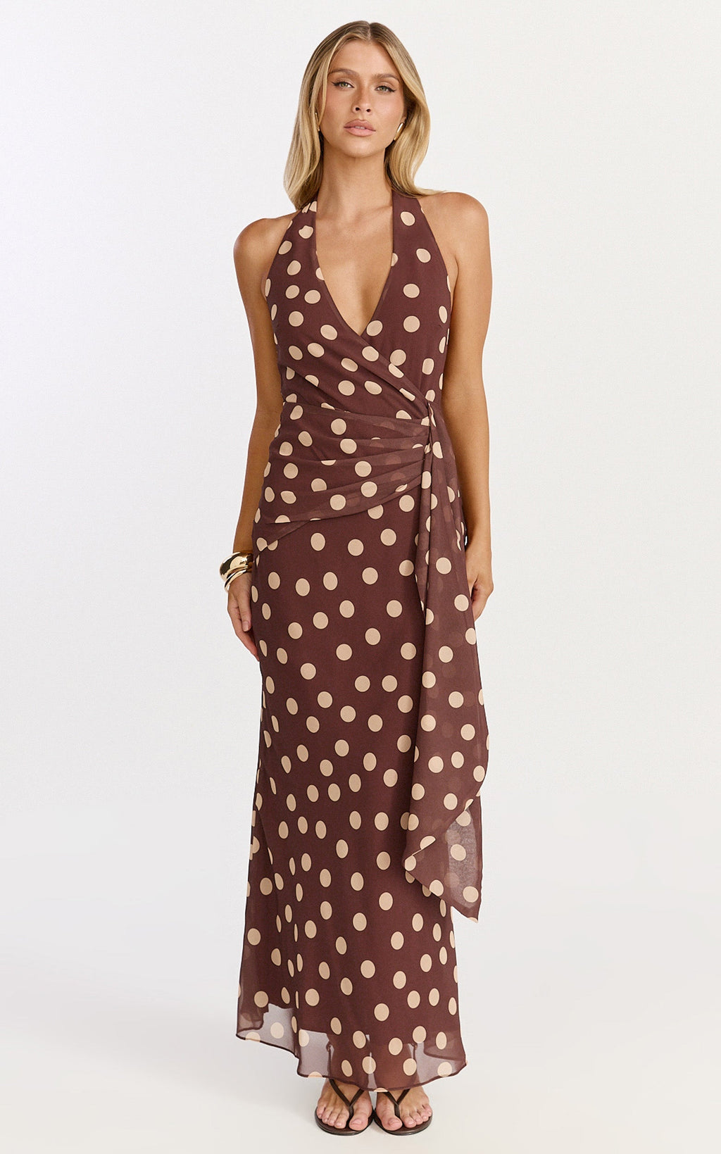 Nola Midi Dress - Polkadot Halter Dress in Choc Polka