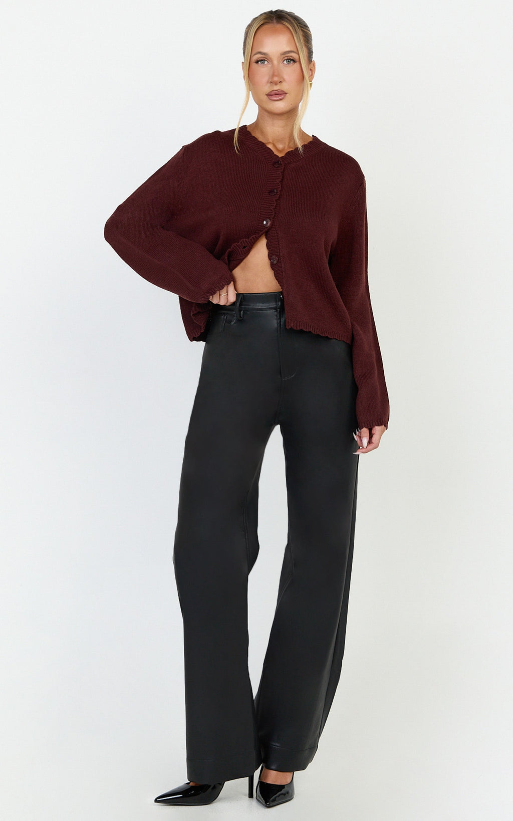 Nova Cardigan - Scallop Edge Button Down Cardigan in Wine