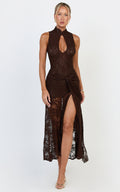 Nyla Midi Dress - Collared Keyhole Hip Tie Dress in Chocolate