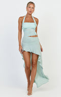 Ocean Maxi Dress - Halter Neck Floral Trim Ruffle Cutaway Skirt Dress in Mint