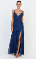 Oceane Maxi Dress - Plunge Neckline Gathered Chiffon Dress in Navy