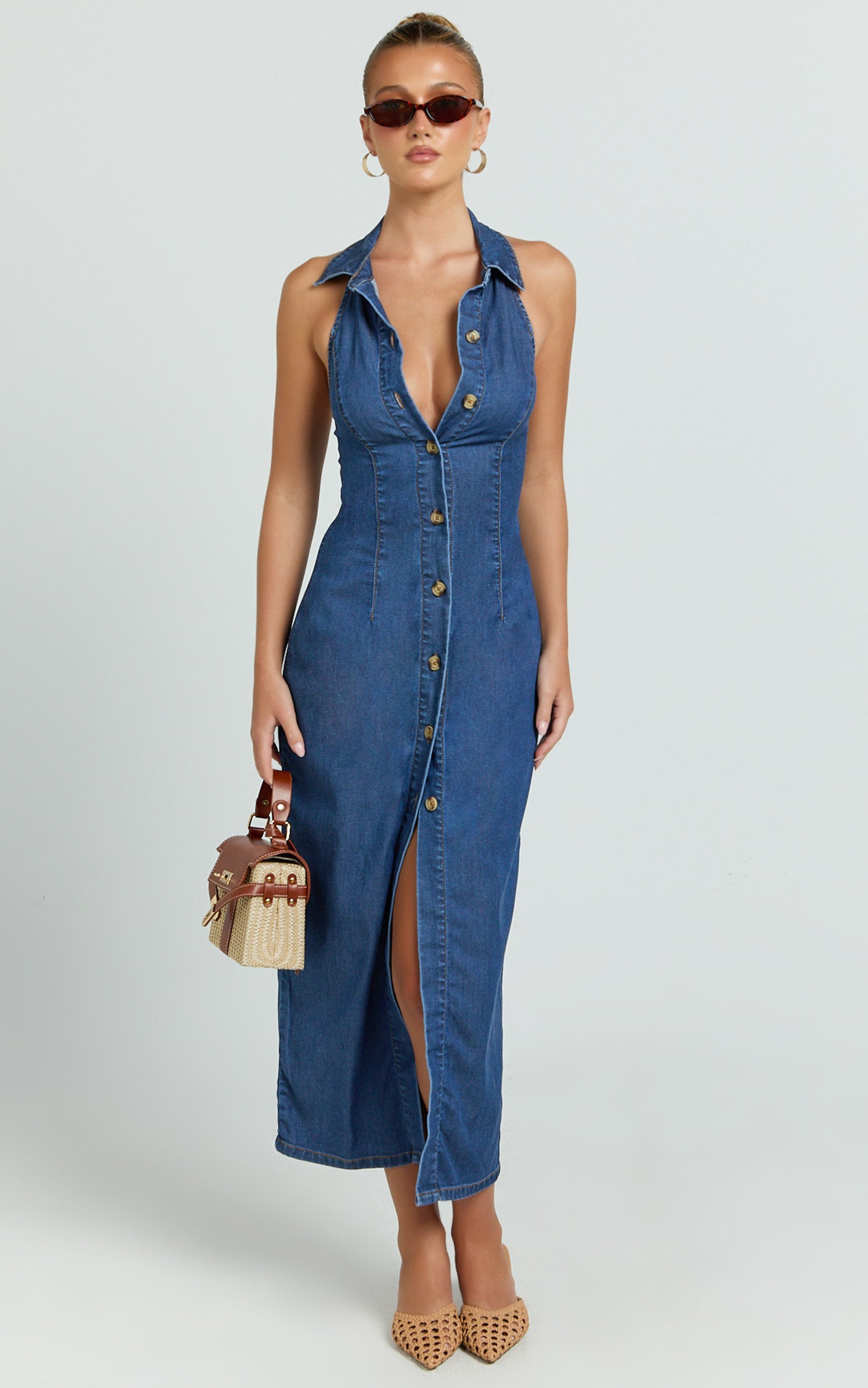 Olga Midi Dress - Denim Collared Button Down Bodycon Dress in Mid Blue Wash