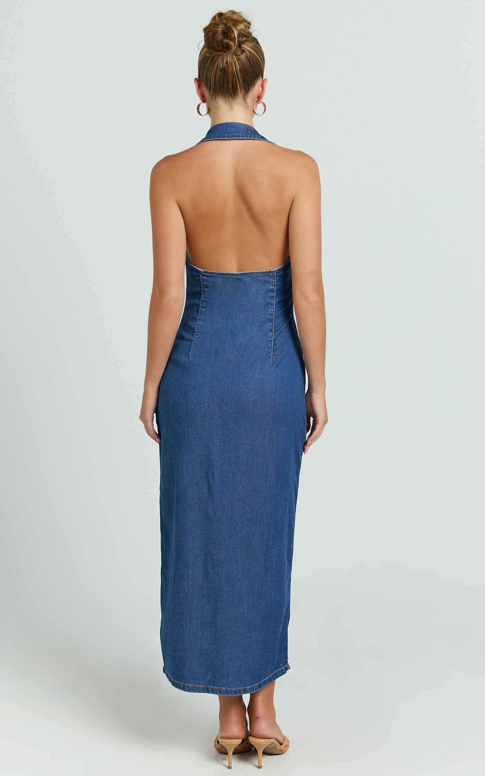 Olga Midi Dress - Denim Collared Button Down Bodycon Dress in Mid Blue Wash