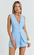 Olivia Top - Longline Linen V Neck Back Tie Vest Top in Blue