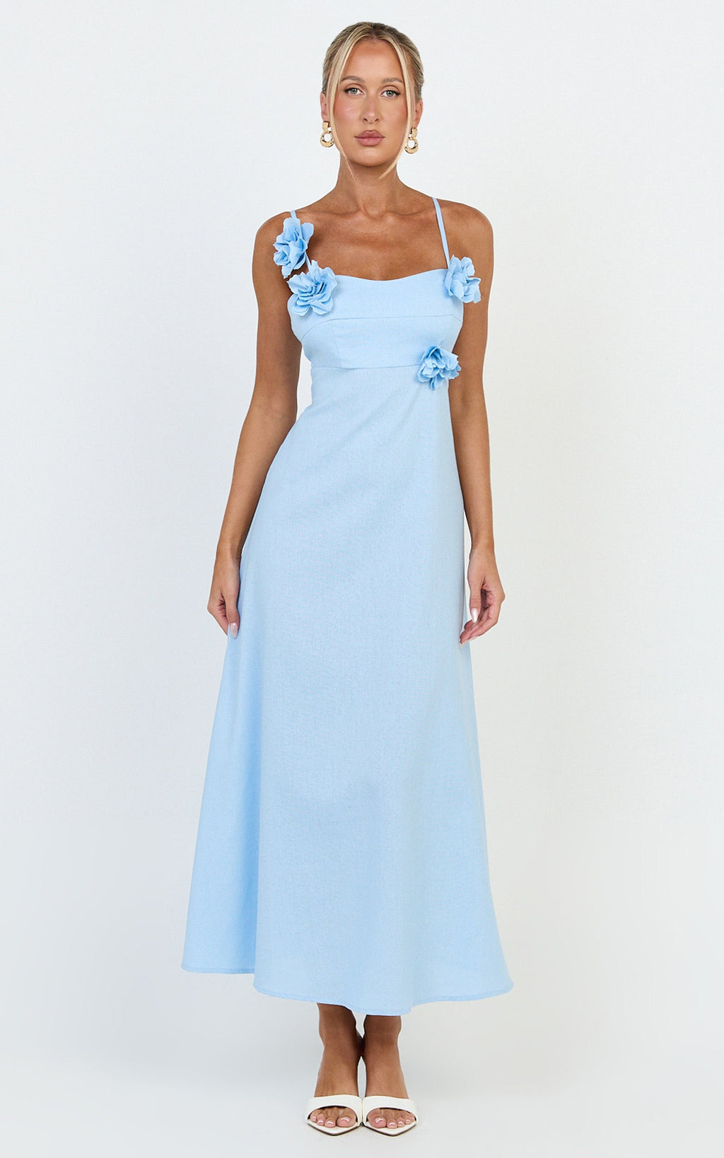 Ondine Midi Dress- 3D Flower Strappy Dress in Blue