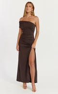 Opal Maxi Dress - Off Shoulder Gathered Bodice Fit And Flare Dress in Dark Chocolate