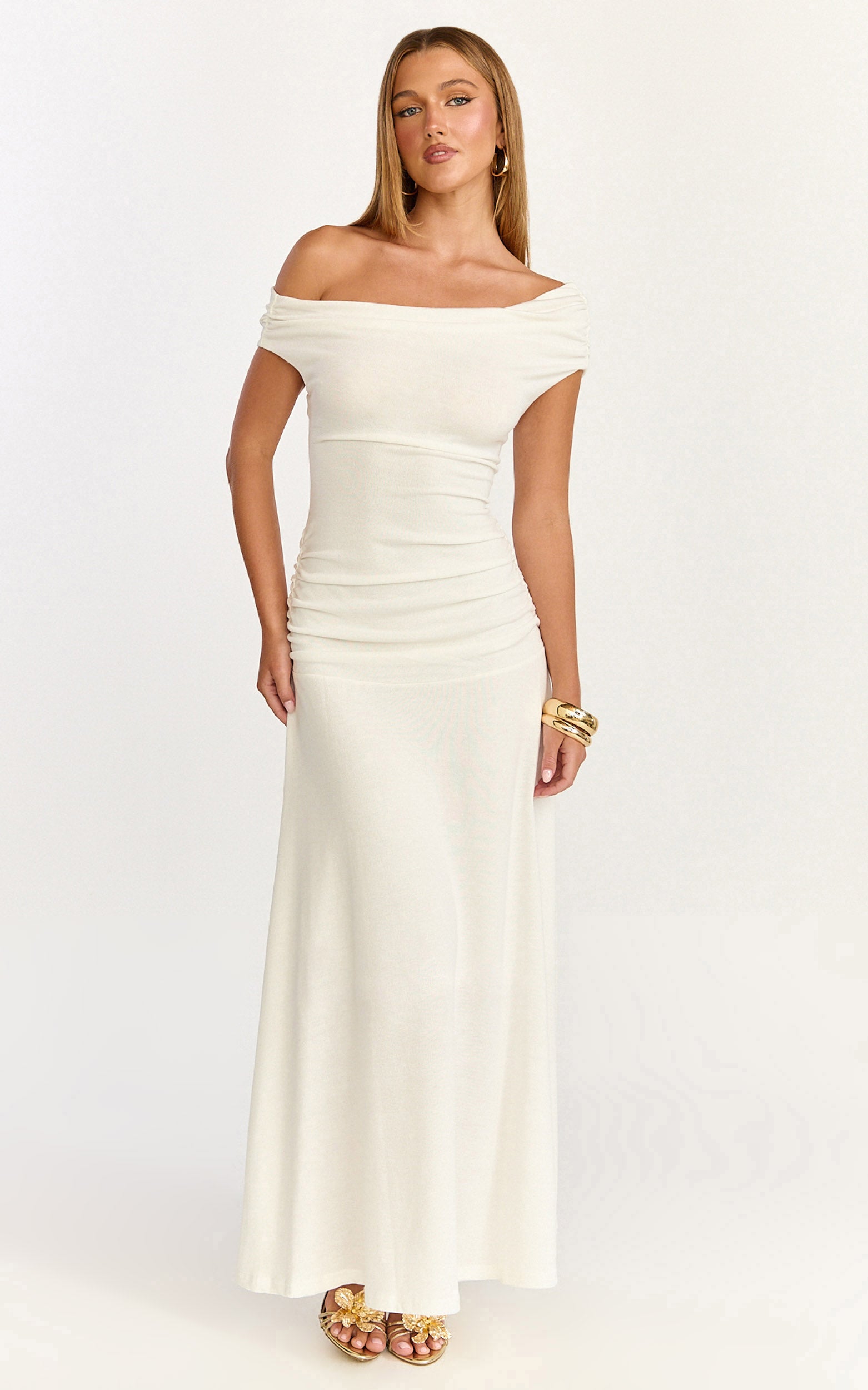 Ophelia Maxi Dress - Off Shoulder Ruched Fit And Flare Dress in Ivory