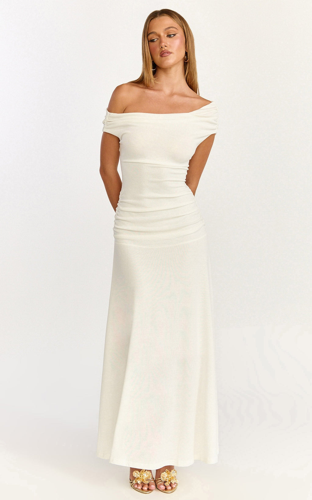 Ophelia Maxi Dress - Off Shoulder Ruched Fit And Flare Dress in Ivory