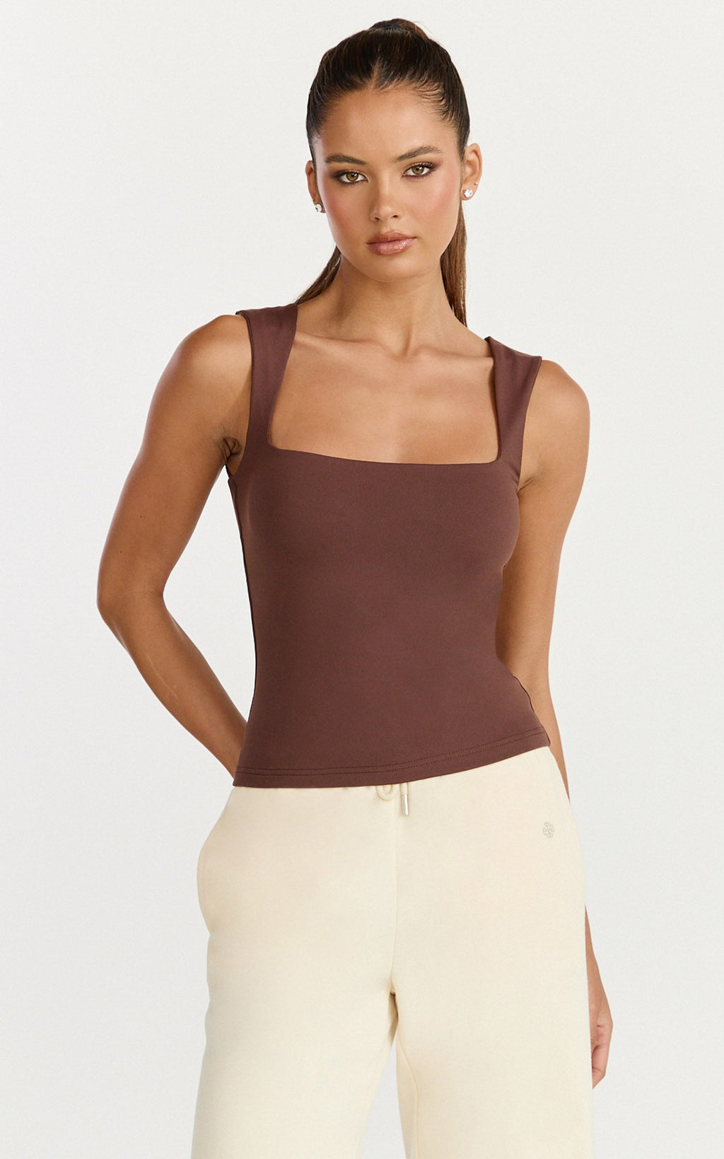 Ophelia Top - Square Neck Jersey Top in Chocolate