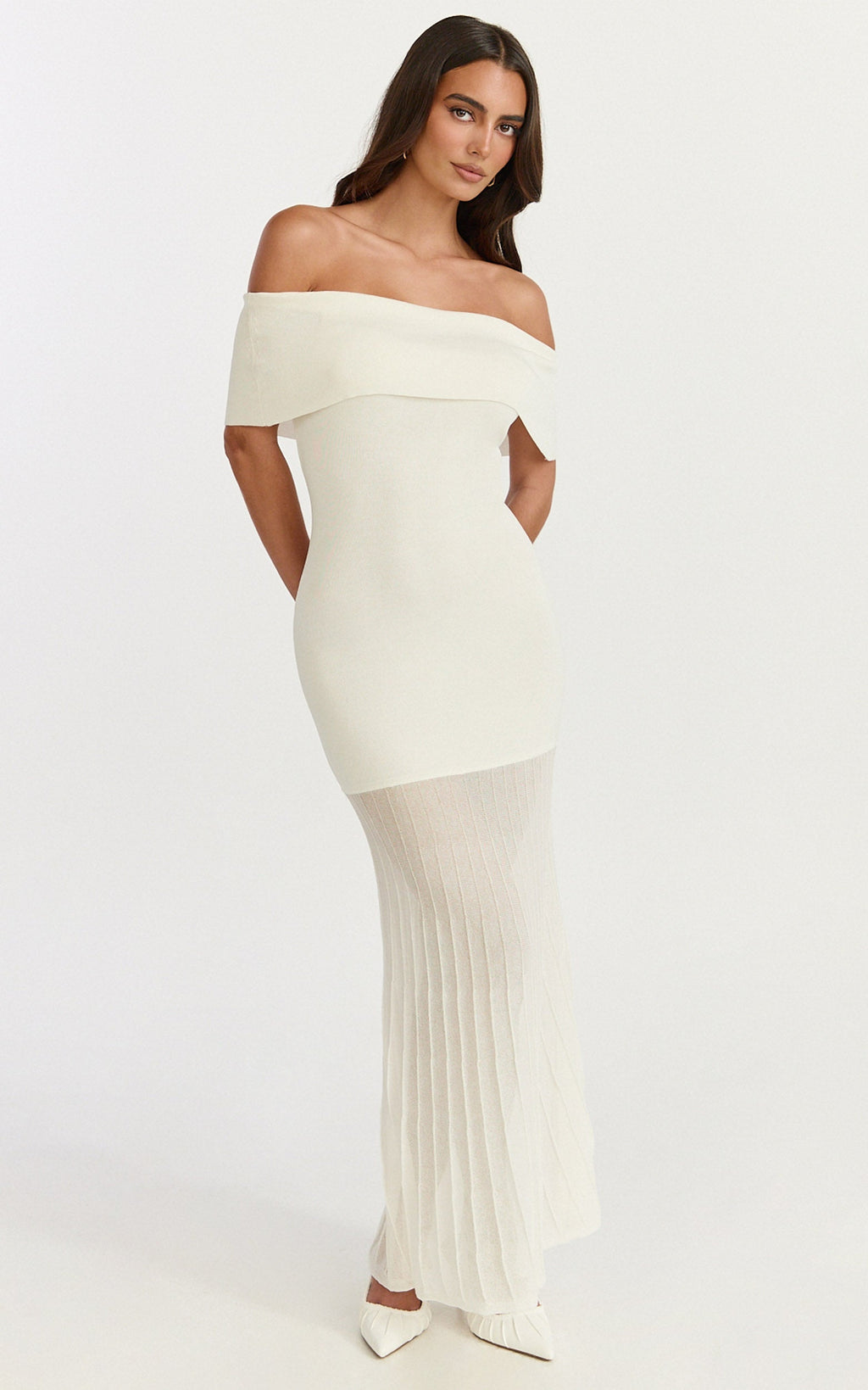 Paige Maxi Dress - Off The Shoulder Pleated Skirt Dress in White