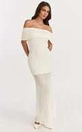 Paige Maxi Dress - Off The Shoulder Pleated Skirt Dress in White