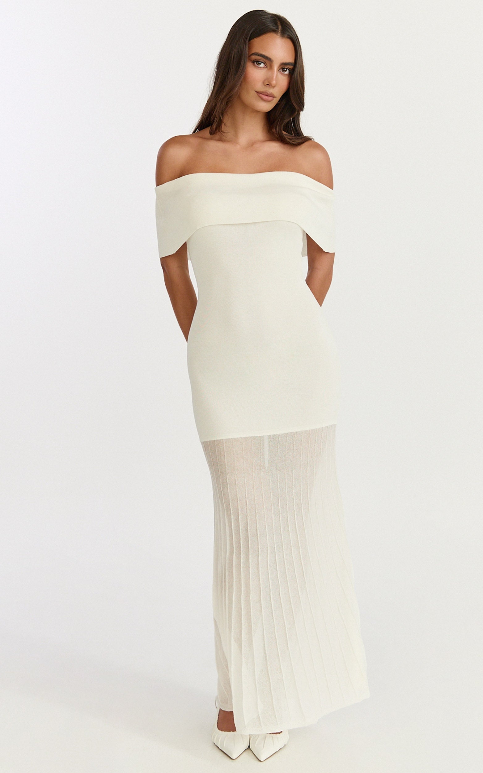 Paige Maxi Dress - Off The Shoulder Pleated Skirt Dress in White