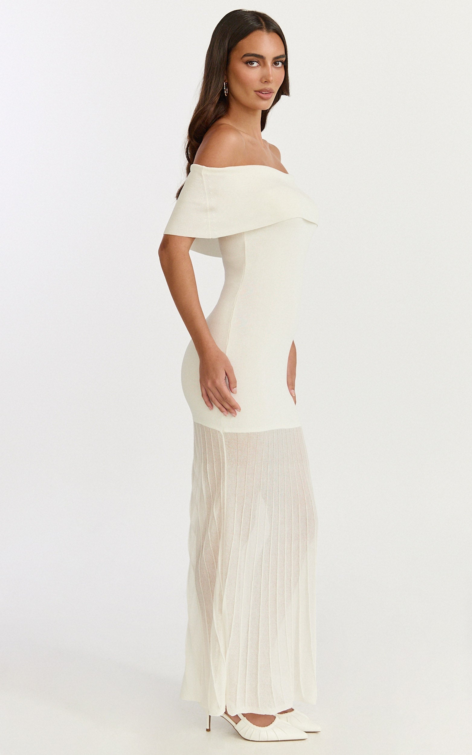 Paige Maxi Dress - Off The Shoulder Pleated Skirt Dress in White