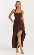Penelope Maxi Dress - Halter Tie Back Neck Dropped Asymmetric Fit And Flare Dress in Chocolate