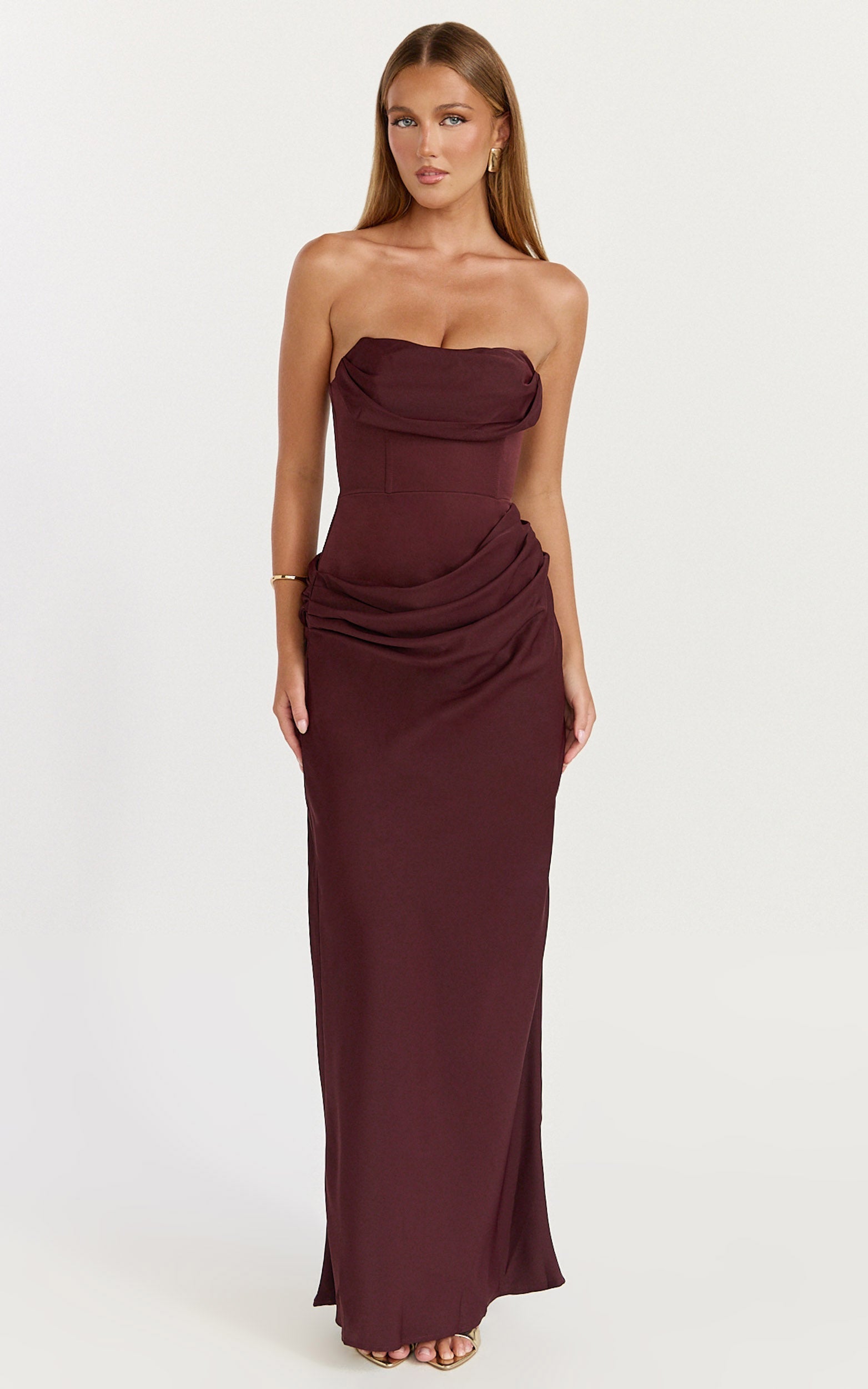 Phoebe Maxi Dress - Strapless Structured Bodice Drape Skirt Dress in Plum