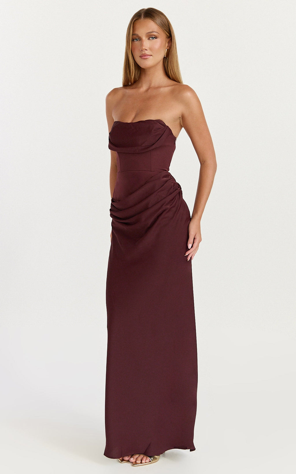 Phoebe Maxi Dress - Strapless Structured Bodice Drape Skirt Dress in Plum