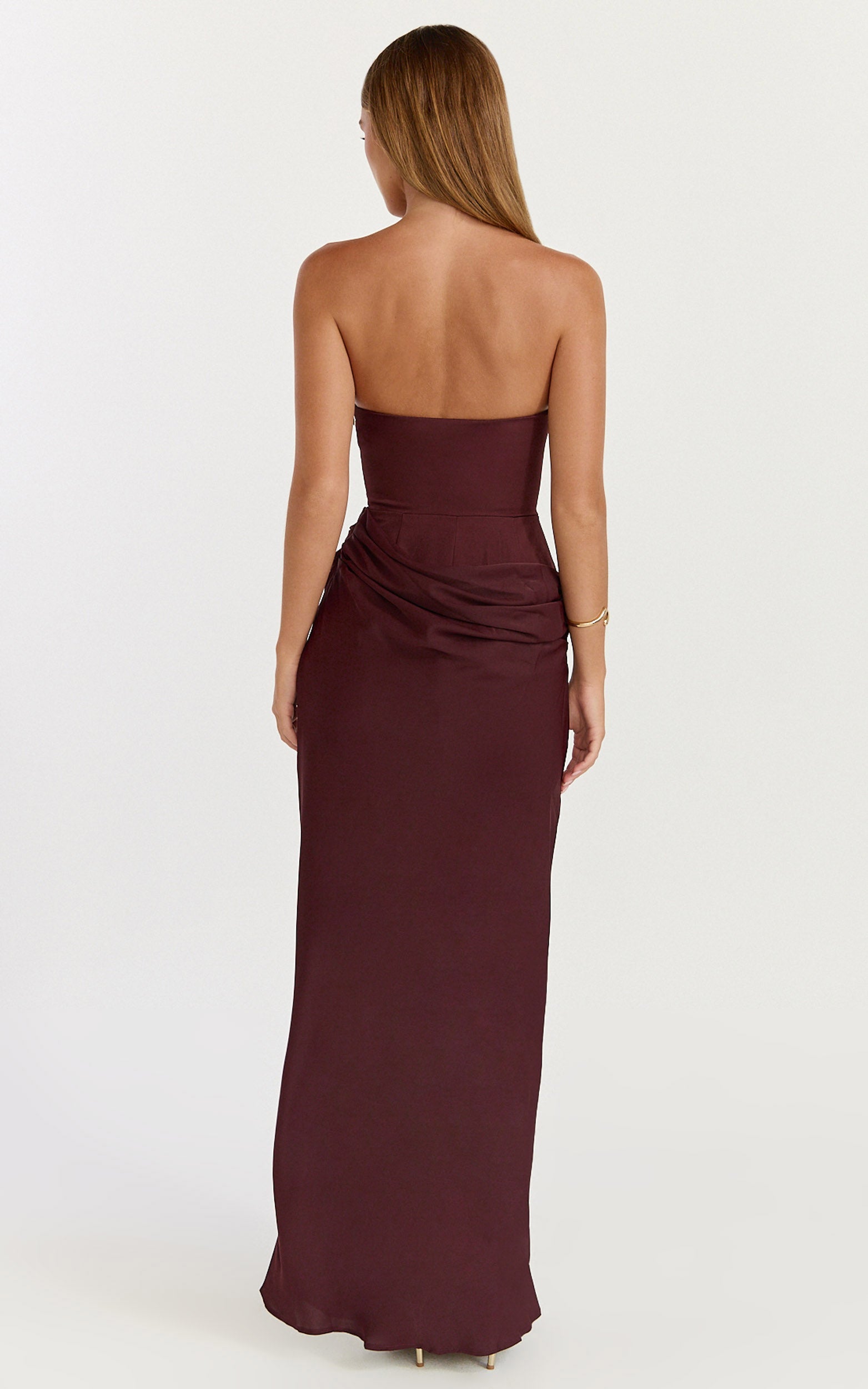 Phoebe Maxi Dress - Strapless Structured Bodice Drape Skirt Dress in Plum