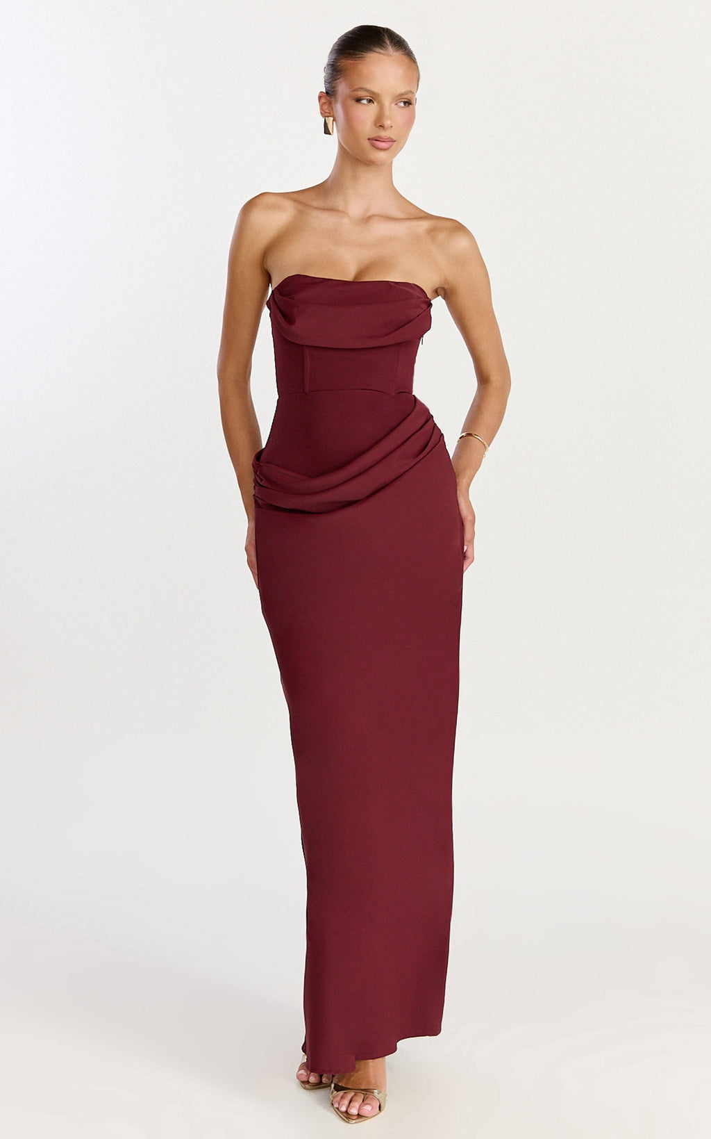 Phoebe Maxi Dress - Strapless Structured Bodice Drape Skirt Dress in Wine