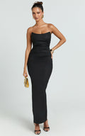 Pietra Midi Dress - Scoop Neck Side Seam Tucks Fitted Dress in Black