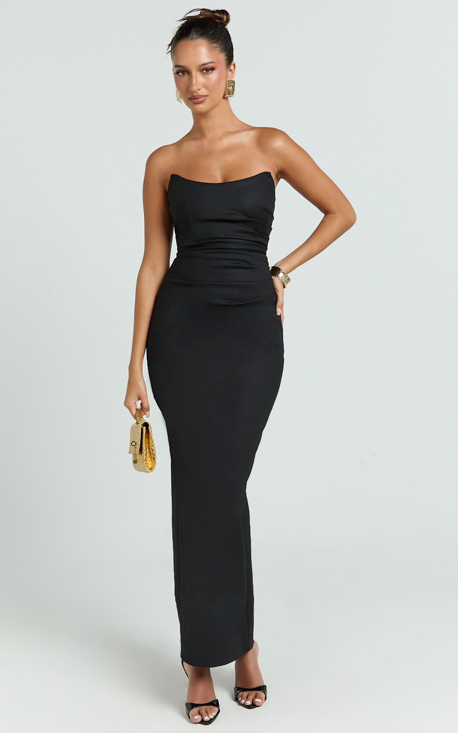 Pietra Midi Dress - Scoop Neck Side Seam Tucks Fitted Dress in Black