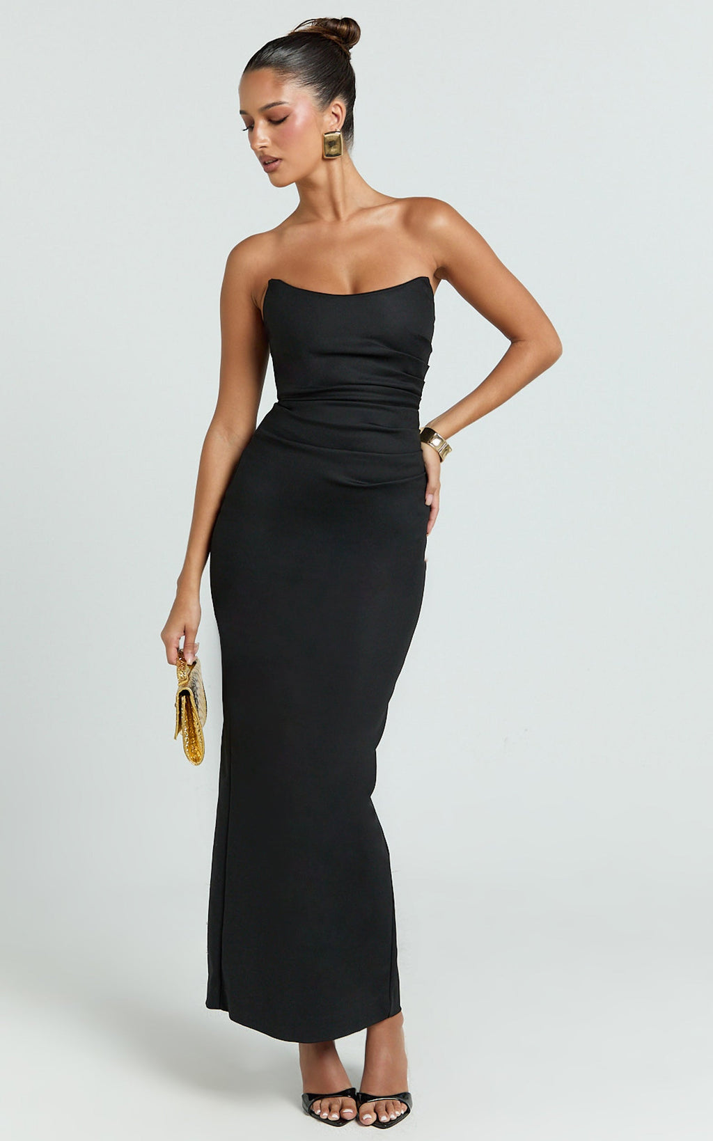 Pietra Midi Dress - Scoop Neck Side Seam Tucks Fitted Dress in Black