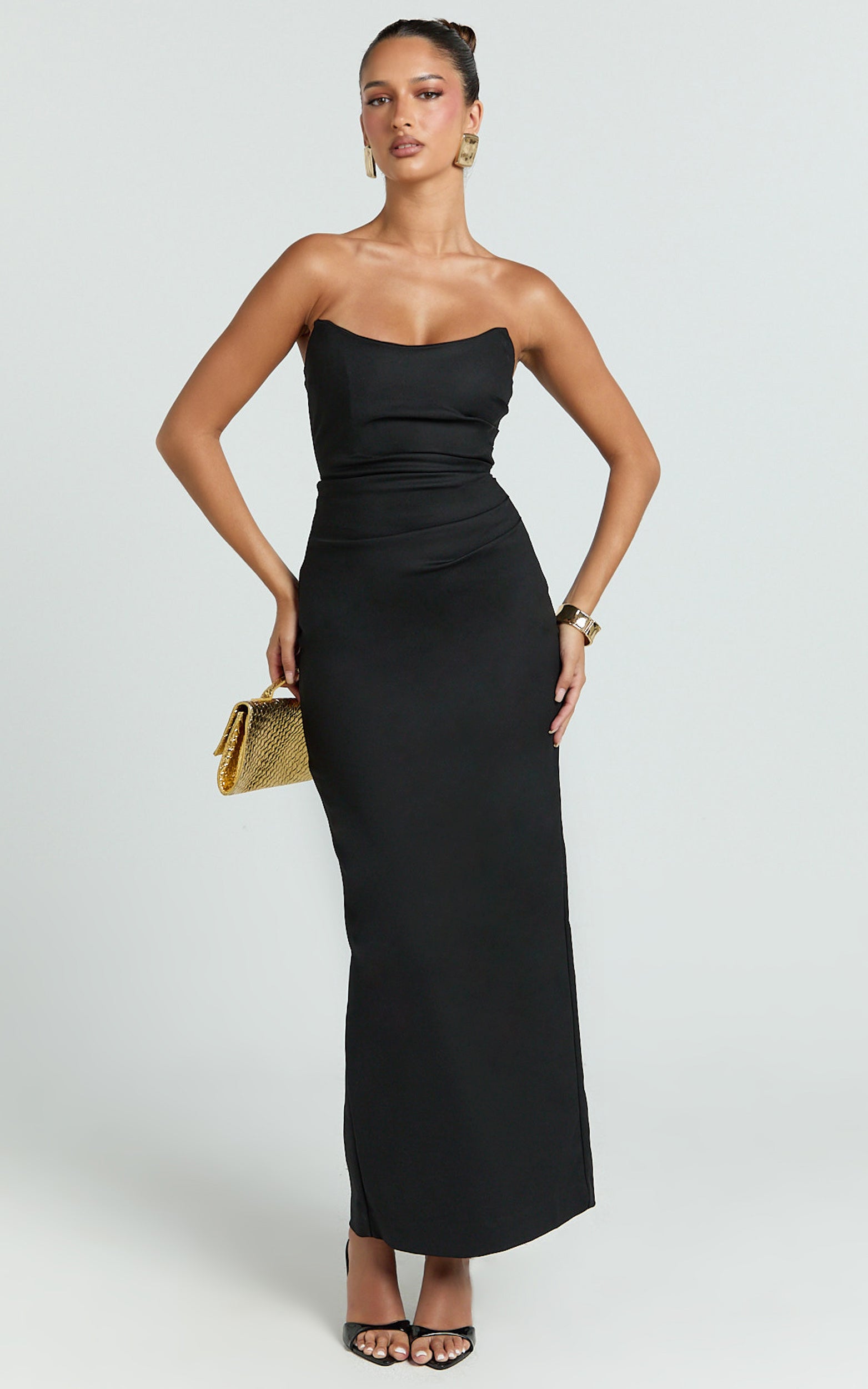 Pietra Midi Dress - Scoop Neck Side Seam Tucks Fitted Dress in Black