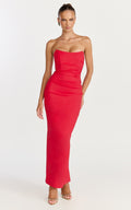 Pietra Midi Dress - Scoop Neck Side Seam Tucks Fitted Dress in Red